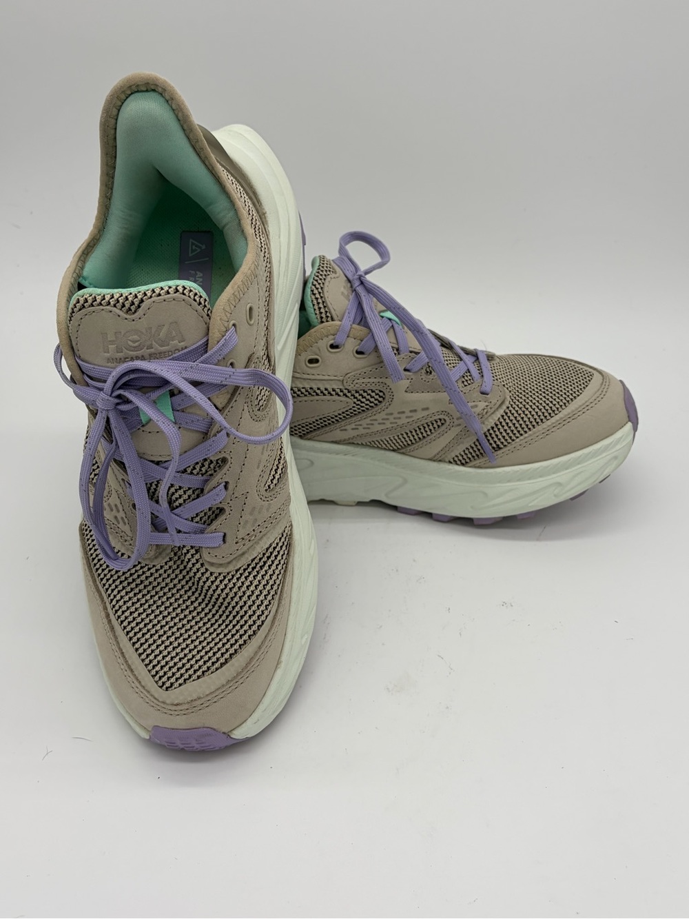 Hoka Women's Athletic Running Shoes - Taupe with Lilac and Mint